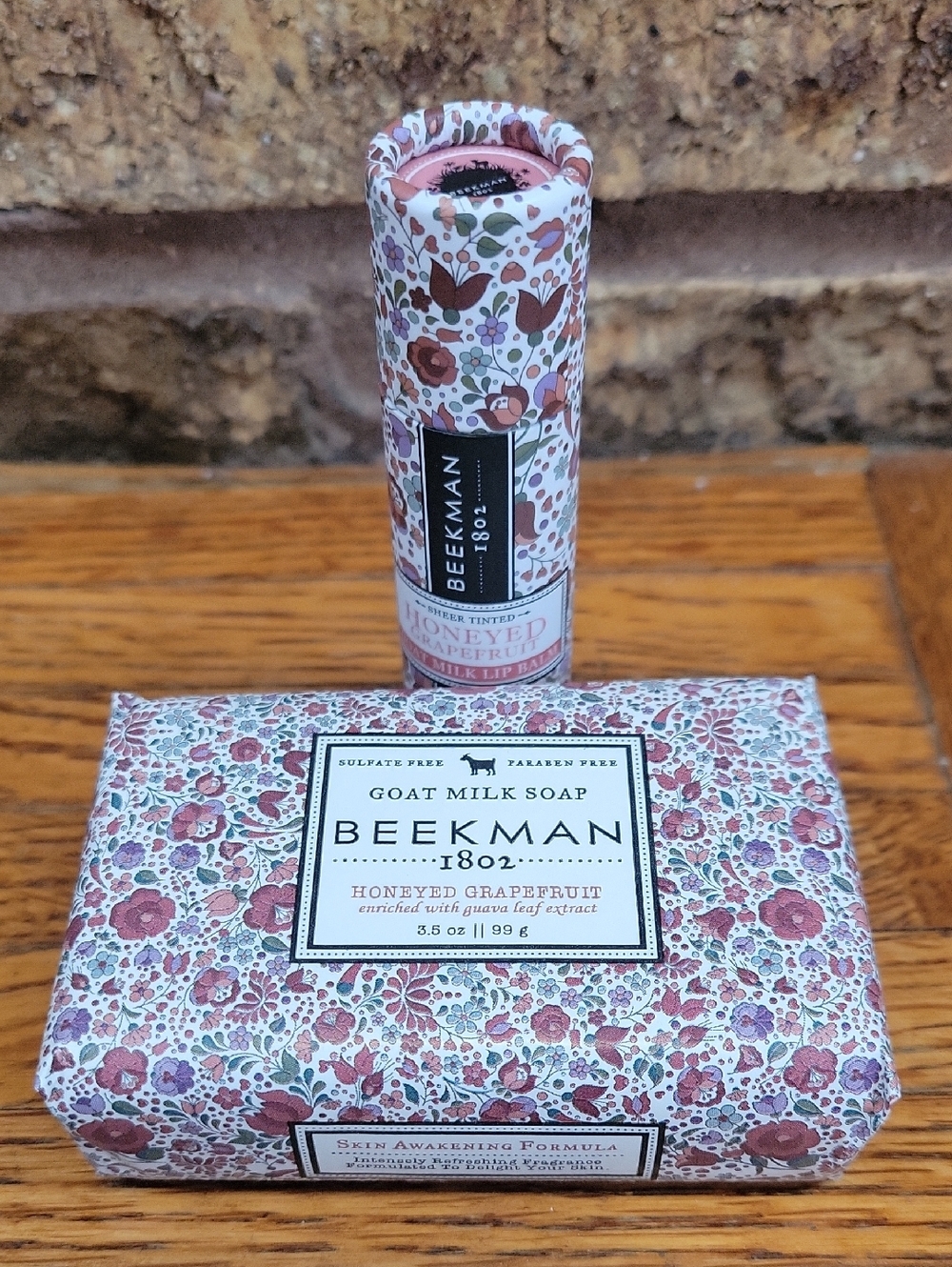 Beekman 1802 Honeyed Grapefruit Goat Milk Soap & Lip Balm Set - Pink Floral New